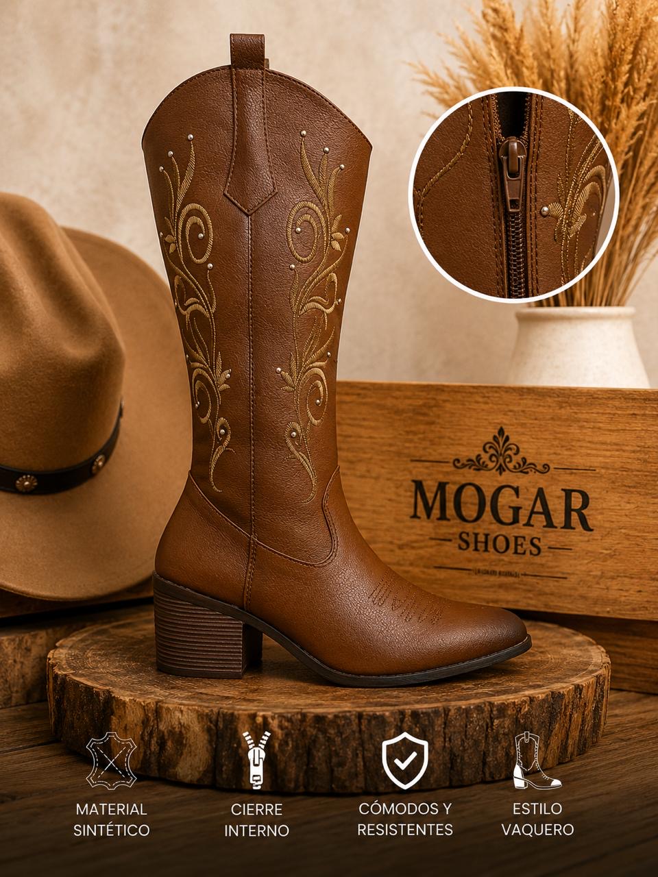 9000L bota de tubo alto, estilo vaquero, bordada con estoperoles y tacón de 7 cm 