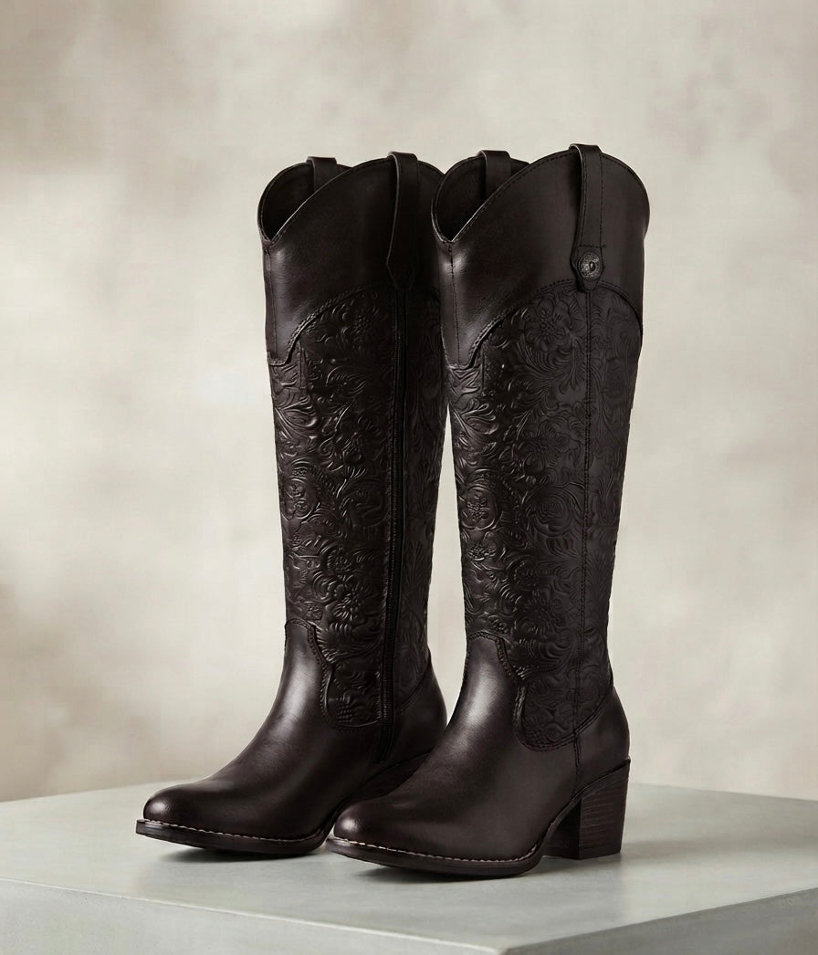 117L Bota vaquera con tubo grabado tubo ancho tacón 7cm