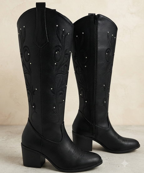 9000L bota de tubo alto, estilo vaquero, bordada con estoperoles y tacón de 7 cm ￼
