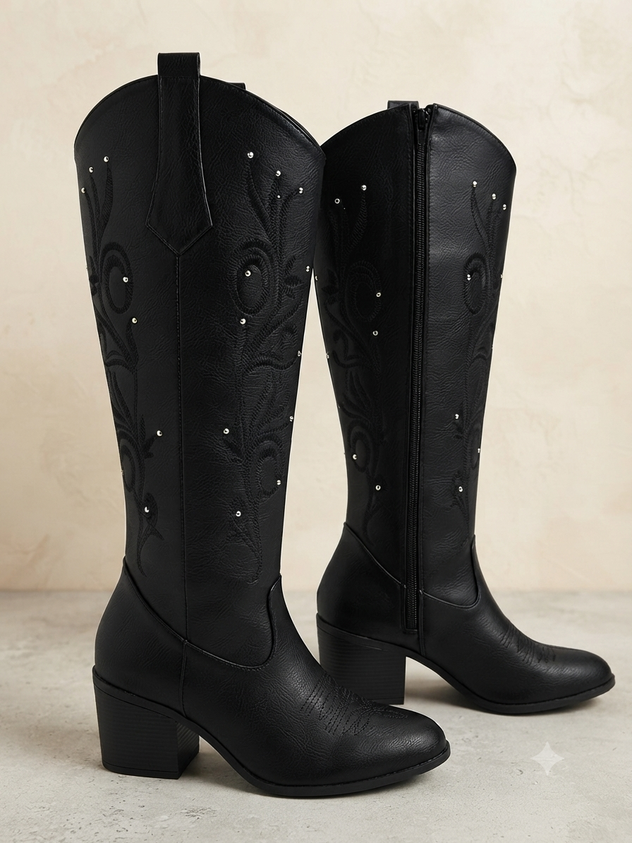 9000L bota de tubo alto, estilo vaquero, bordada con estoperoles y tacón de 7 cm ￼