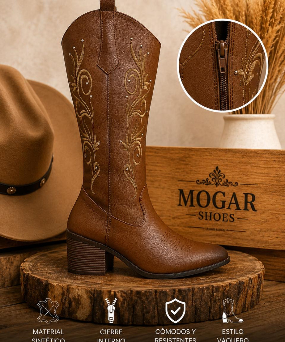 9000L bota de tubo alto, estilo vaquero, bordada con estoperoles y tacón de 7 cm ￼