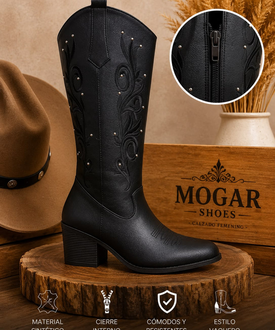 9000L bota de tubo alto, estilo vaquero, bordada con estoperoles y tacón de 7 cm ￼