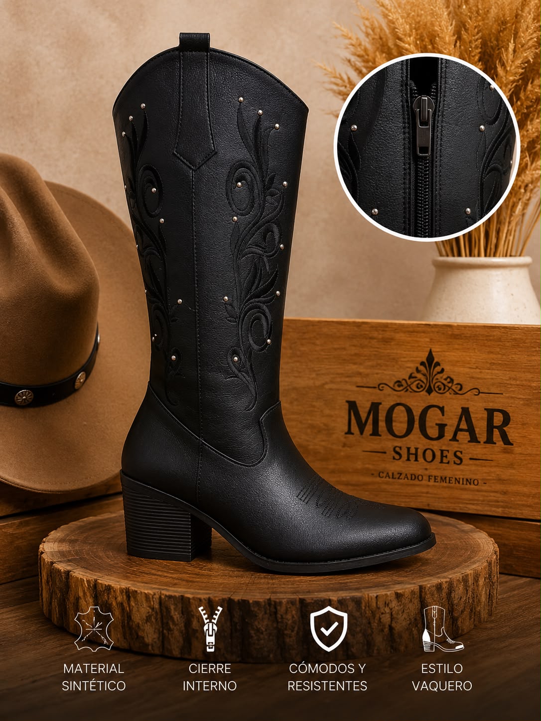 9000L bota de tubo alto, estilo vaquero, bordada con estoperoles y tacón de 7 cm ￼