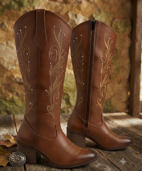 9000L bota de tubo alto, estilo vaquero, bordada con estoperoles y tacón de 7 cm ￼