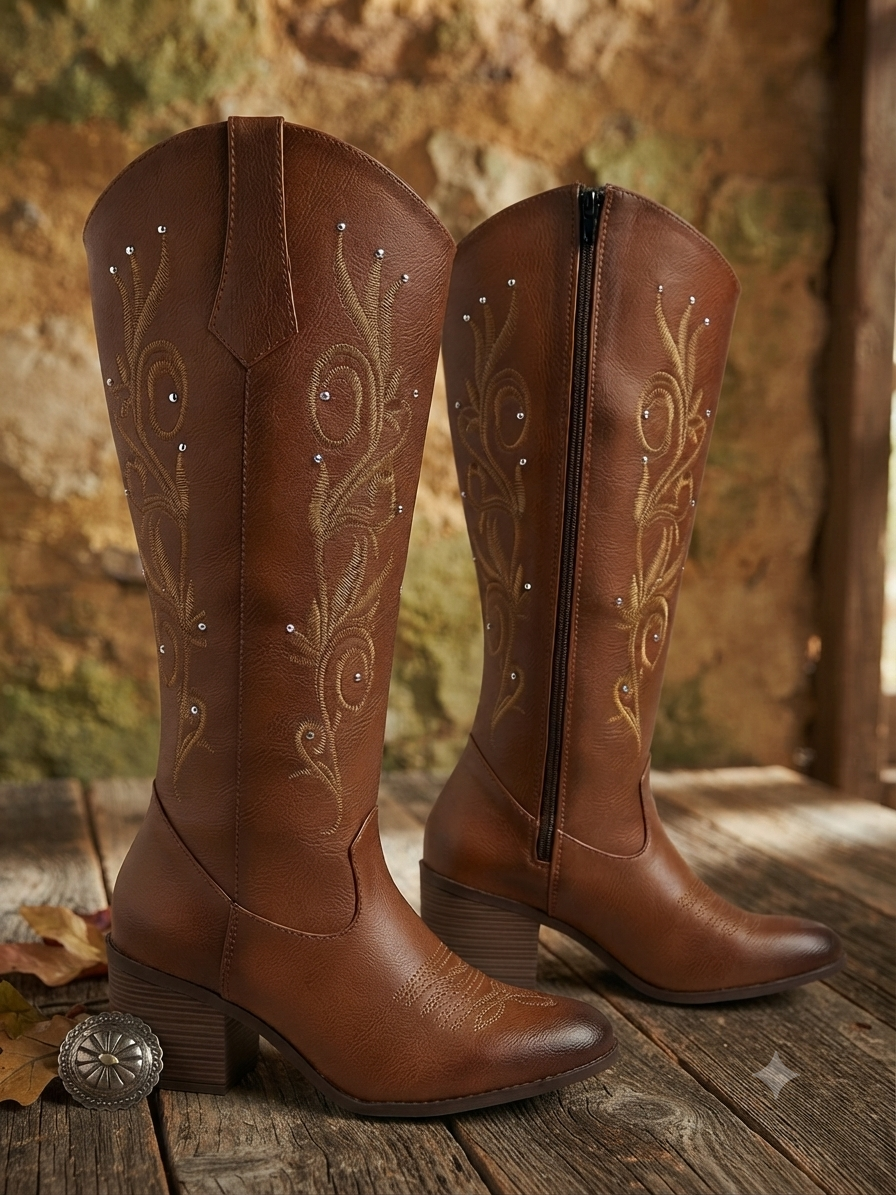 9000L bota de tubo alto, estilo vaquero, bordada con estoperoles y tacón de 7 cm ￼