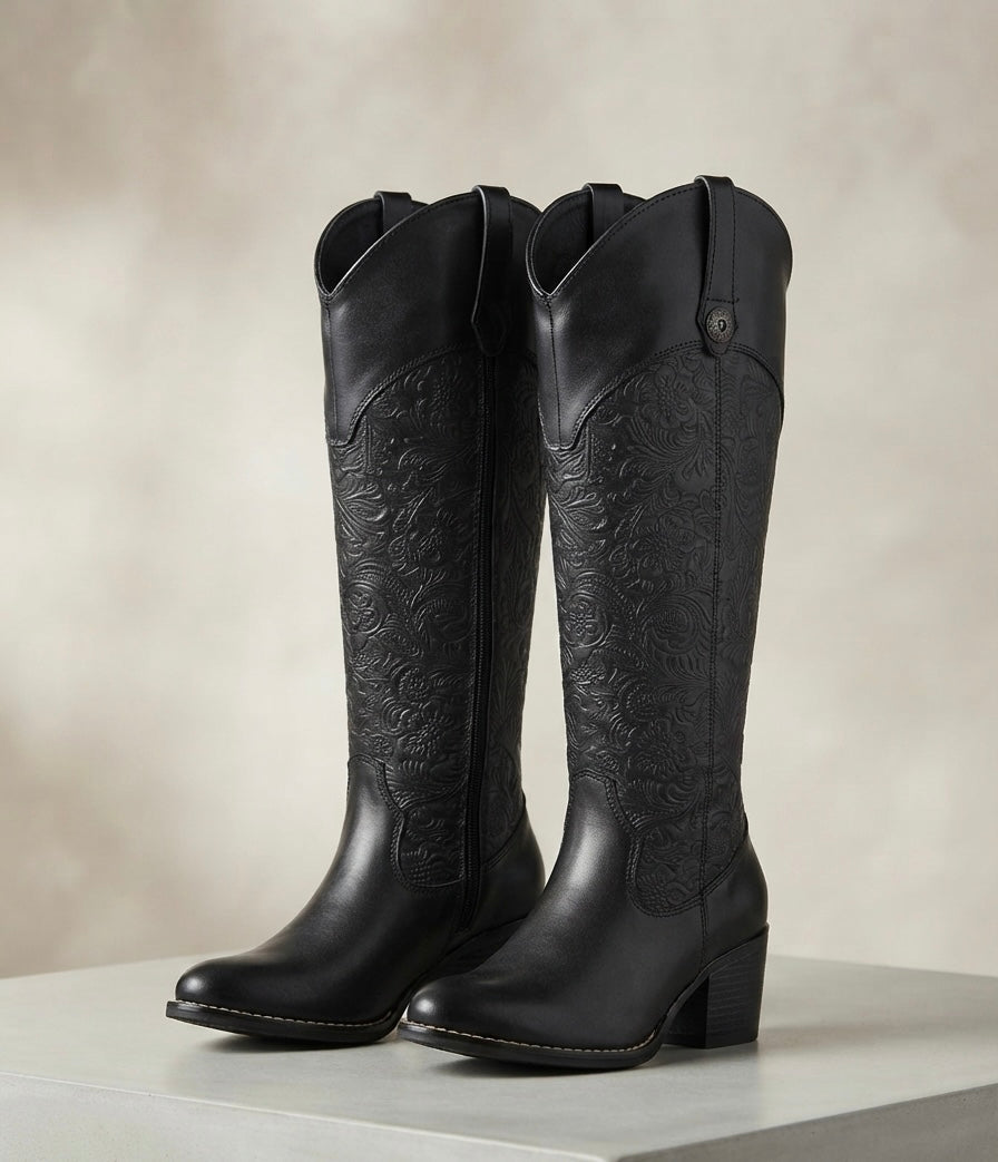 117L Bota vaquera con tubo grabado tubo ancho tacón 7cm