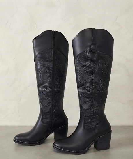 117L Bota vaquera con tubo grabado tubo ancho tacón 7cm