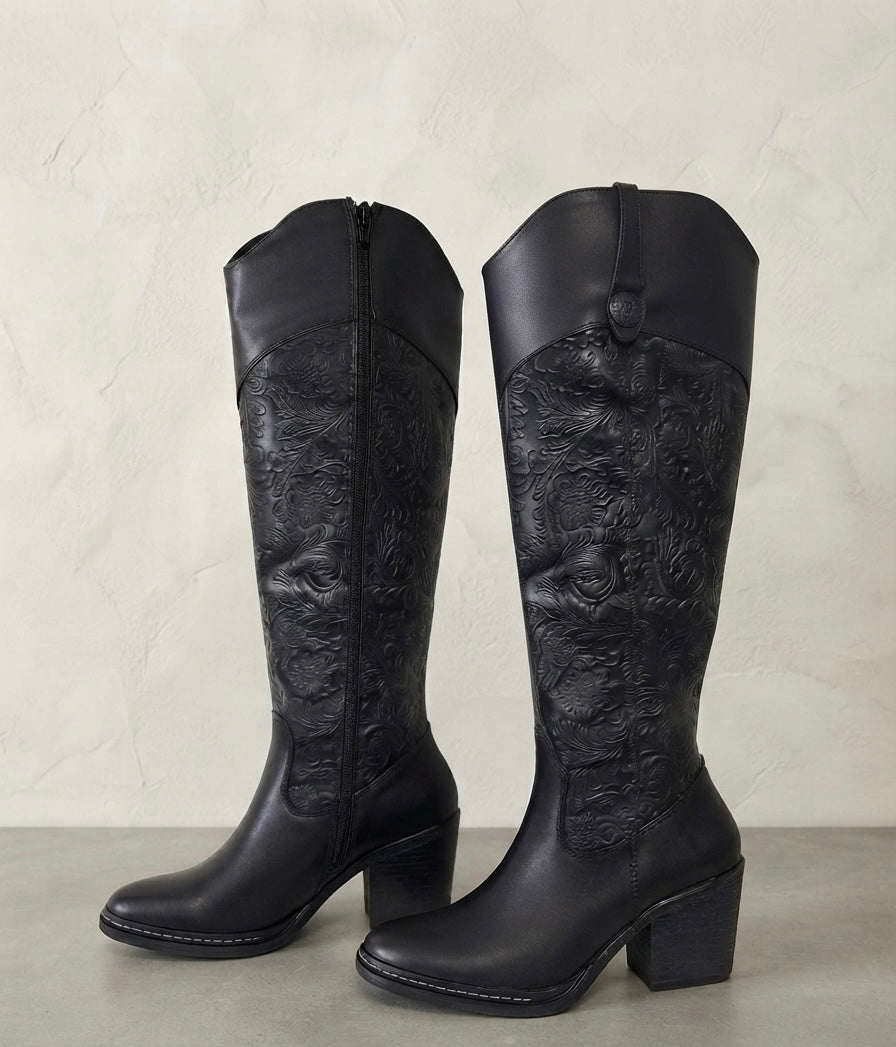117L Bota vaquera con tubo grabado tubo ancho tacón 7cm