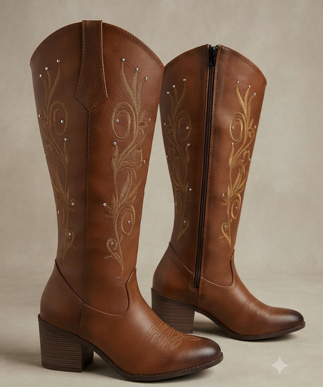9000L bota de tubo alto, estilo vaquero, bordada con estoperoles y tacón de 7 cm ￼