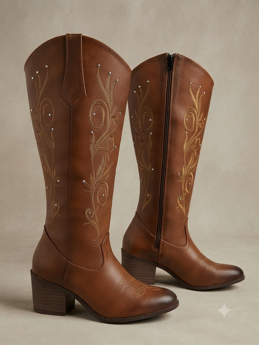 9000L bota de tubo alto, estilo vaquero, bordada con estoperoles y tacón de 7 cm ￼